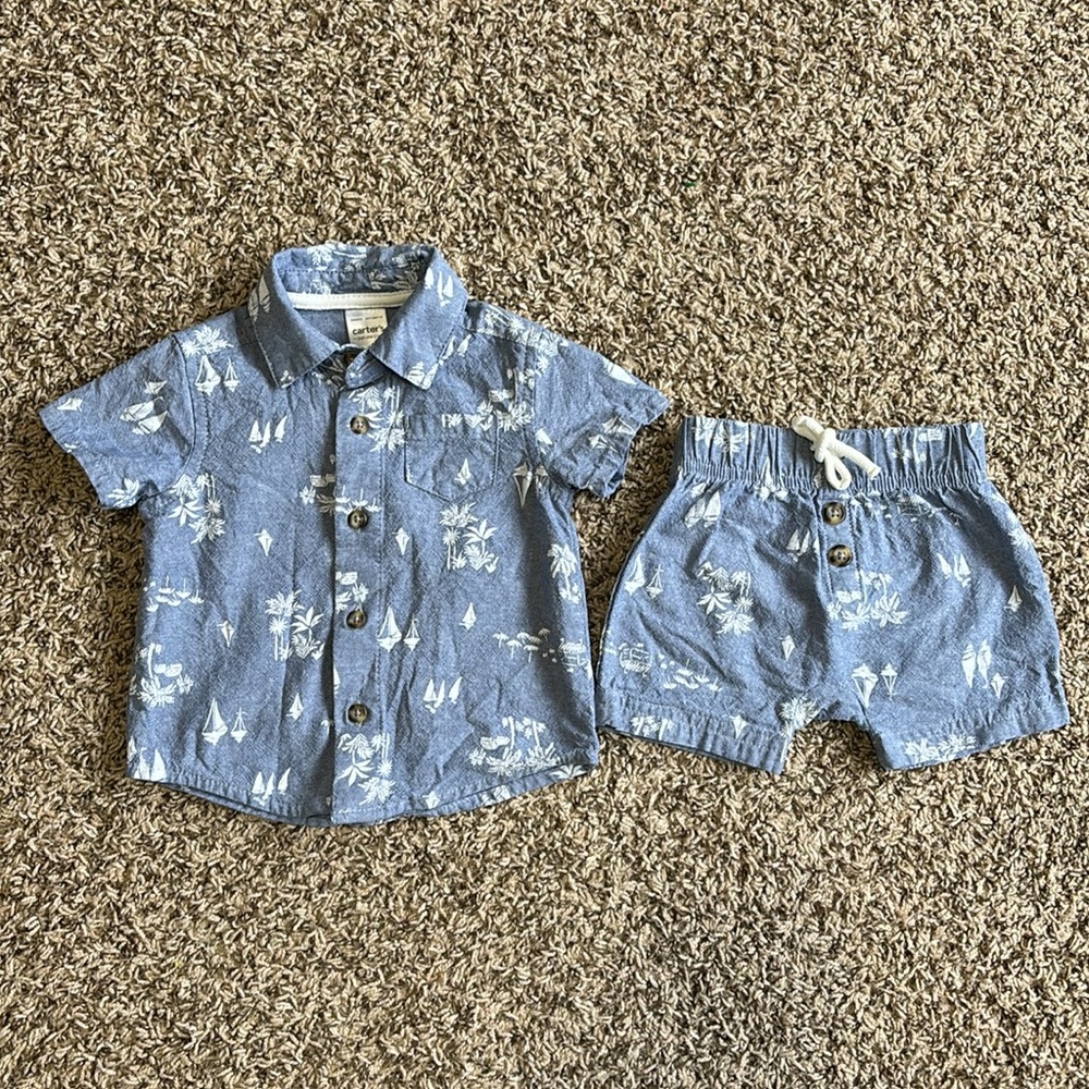 Carter’s Cotton Sailboat Palm Tree Print Button Down and Shorts Set, size 3m